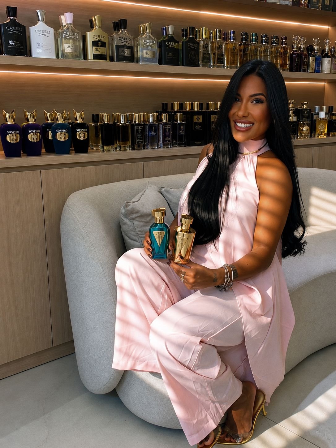 Mulher apresentando perfumes importados em promoção